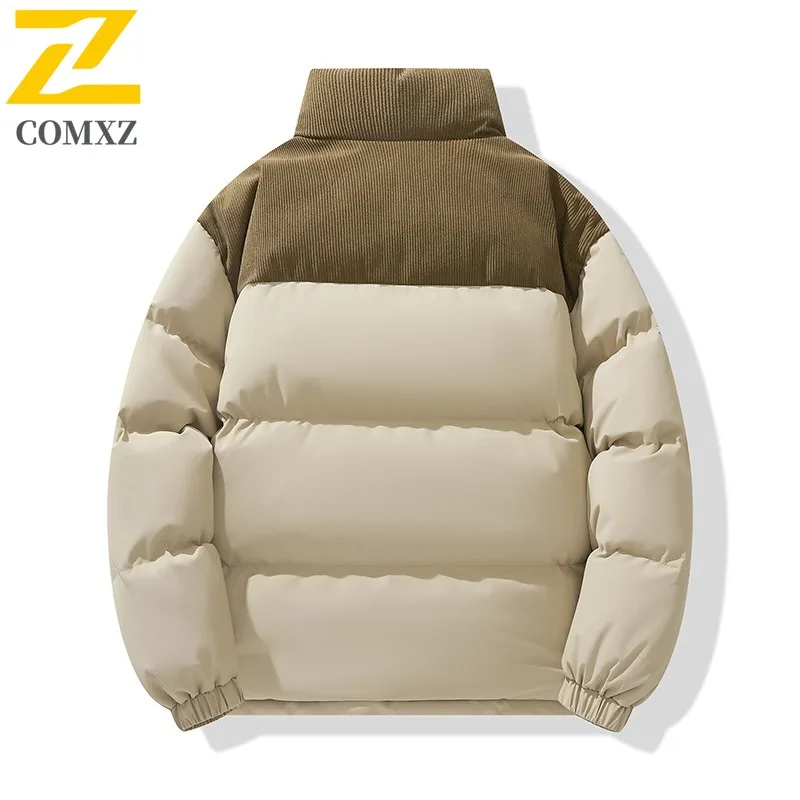 COMXZ 2025 Winter Thick Fleece Lined Mens Cotton Jacket Stand Collar Short Couple Coat Outwear tactics lightweight windbreaker
