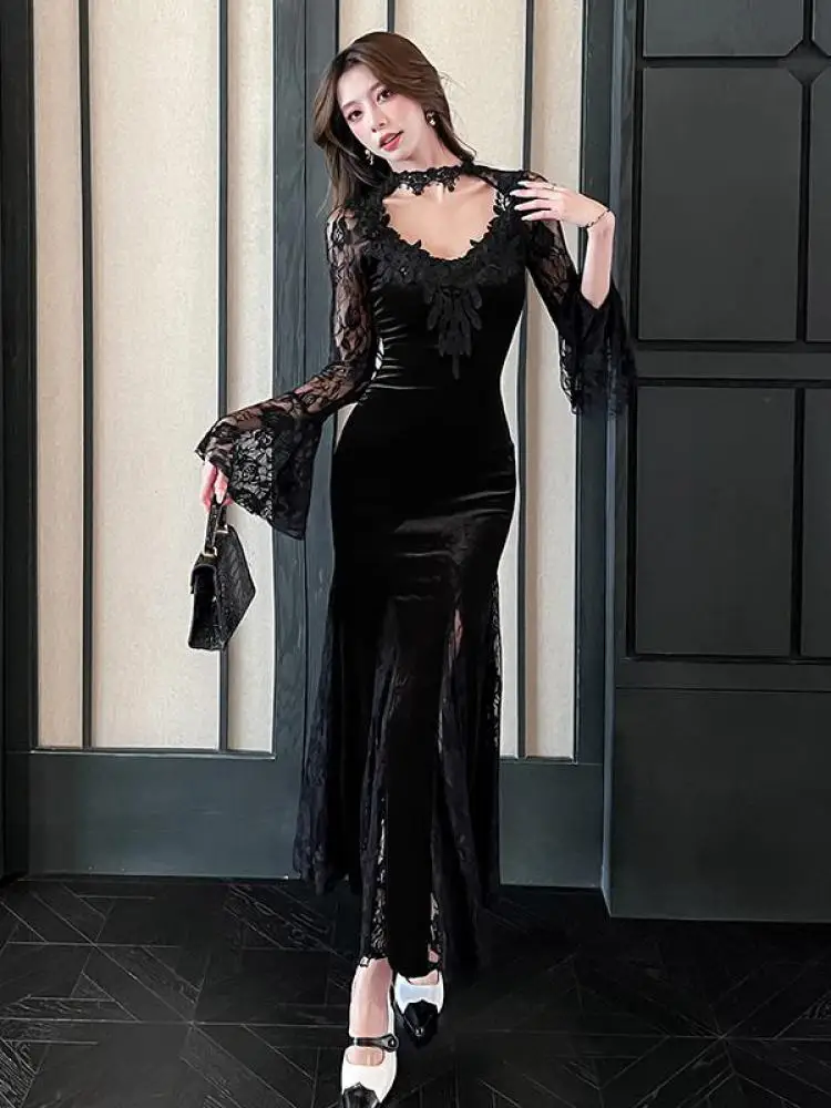 French Vintage Women Black Red Patchwork Lace Sexy Long Sleeved Dress Autumn Elegant Birthday Evening Party Fishtail Dress Trend