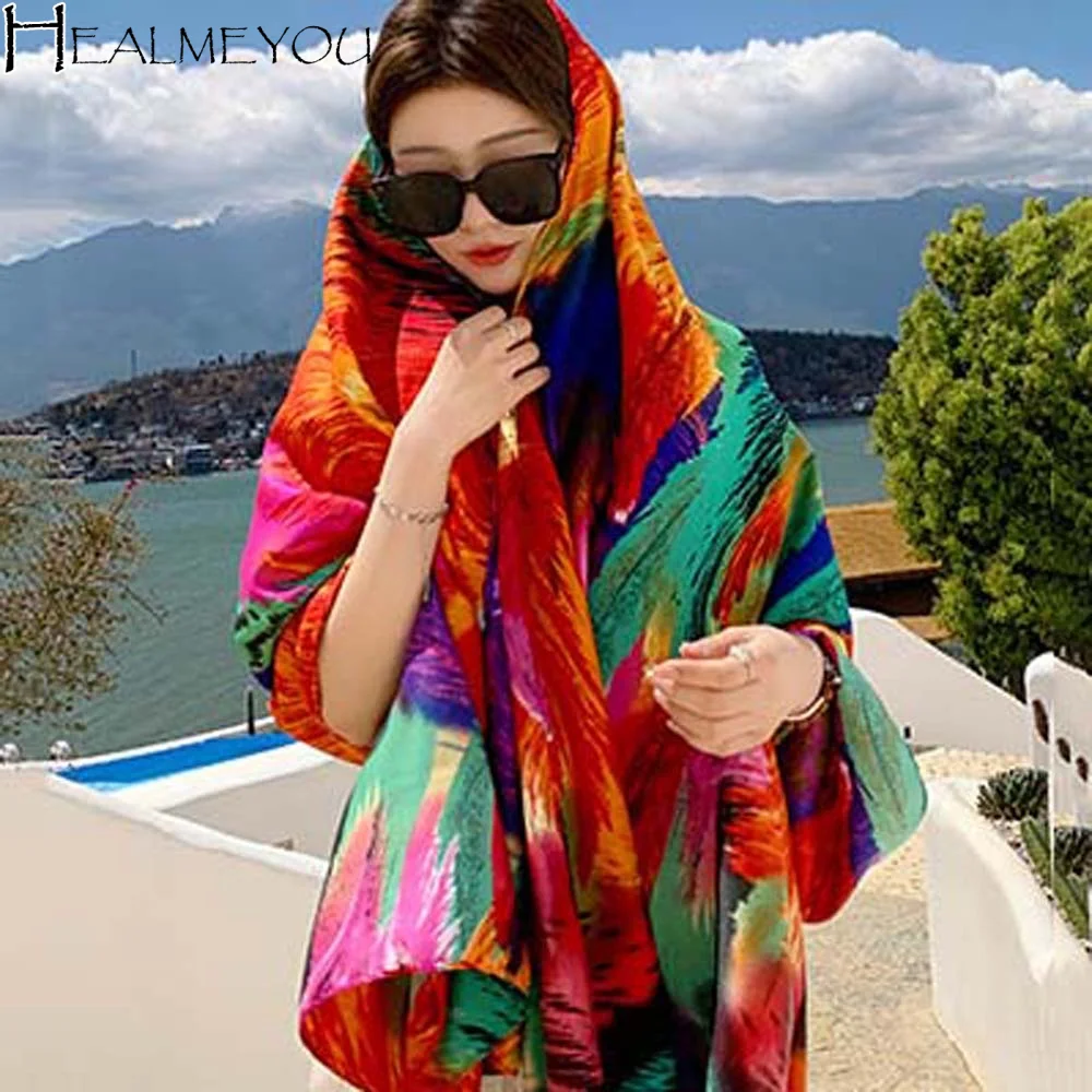 

Sweet Breathable Spring Silk Scarf Cotton Long Big Pattern Headscarf Sweat-absorption Lightweight Ethnic Style Yarn Shawl Beach