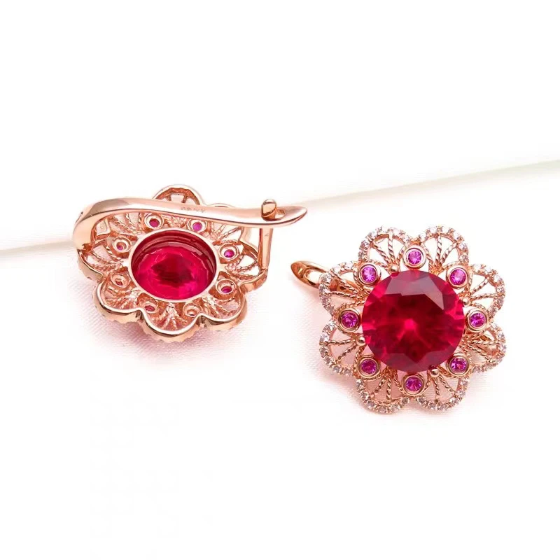 585 Purple Gold Ruby Flower Earrings for Women 14K Rose Gold Plated Luxury Exquisite Court Style Wedding Engagement Jewelry