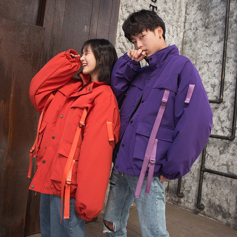 2024 Men Winter Jacket Ribbons Pockets Thick Hip Hop Streetwear Parkas Casual Padded Men's Jackets Male Clothing ABZ522