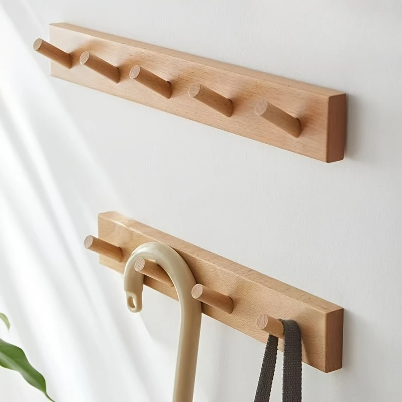 Wooden Wall Mounted Coat Hook Rack 5 Pegs Natural Beech Wood Wall Hanger Rail Entryway Clothes Bag Hat Towel Hook Home Decor