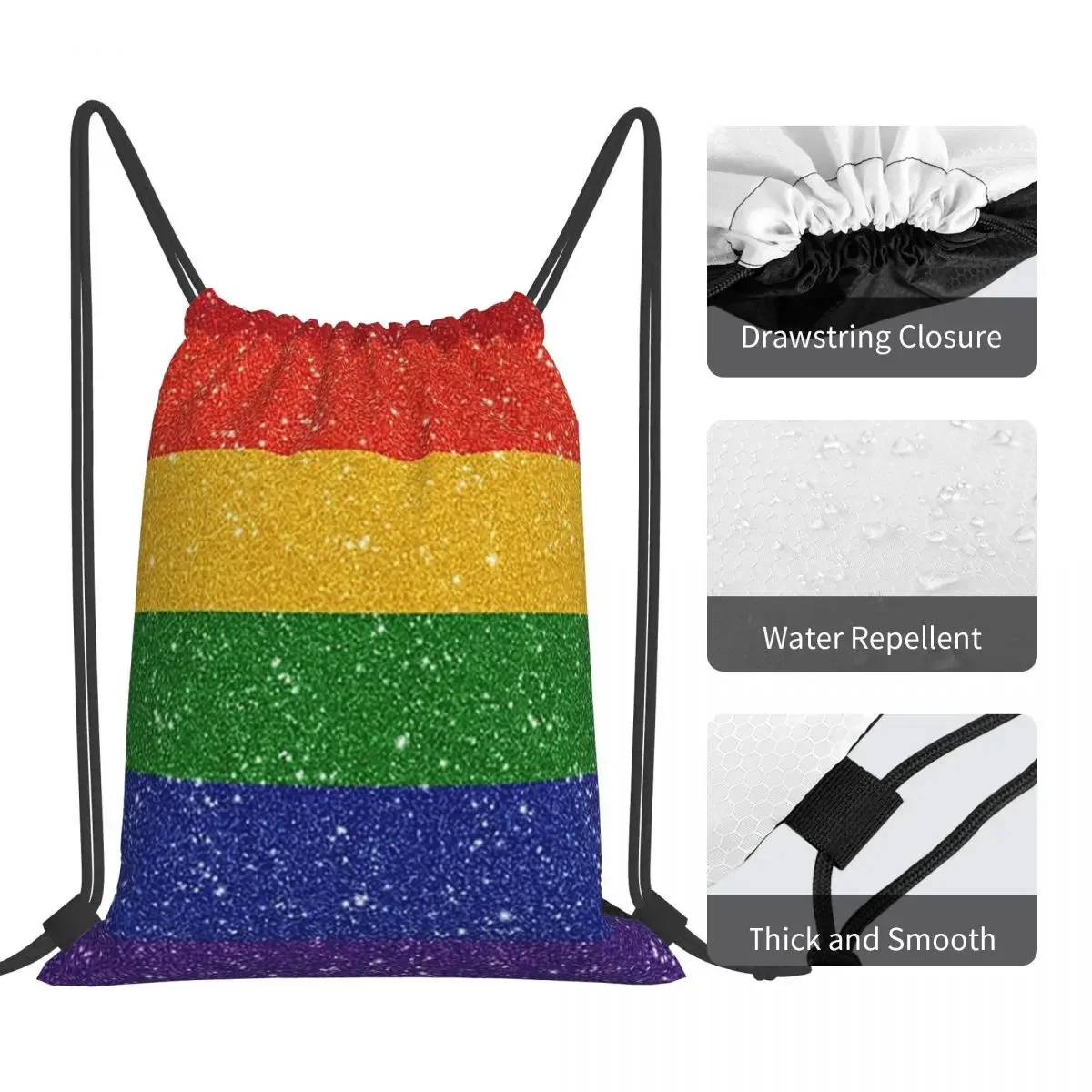 Faux Glitter LGBTQ Pride Rainbow Flag Background Backpacks Drawstring Bags Drawstring Bundle Pocket Sports Bag BookBag