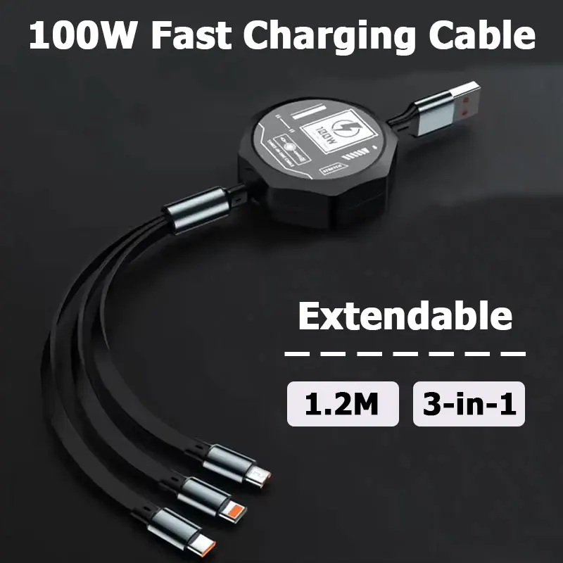 3 In 1 100w Extendable Fast Charging Type C Cable USB to Micro Lightning Cord for Iphone Samsung Huawei Phone Charger Wires