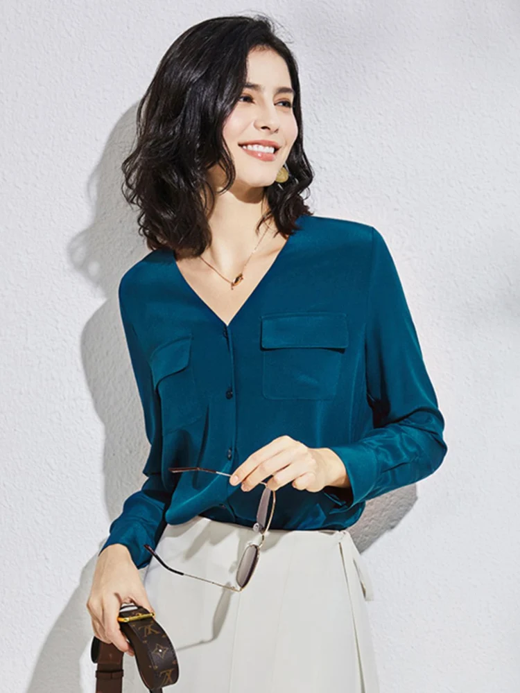 SuyaDream Women Chic Shirts 100%Silk Crepe De Chine V Neck Chest Pockets Solid Blouses 2023 Spring Summer Office Lady Top