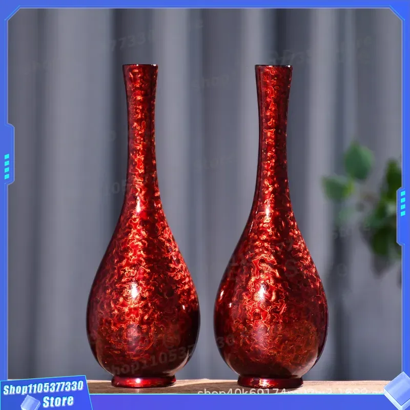 Luxury Gold Painted Lacquer Vase with Rhino Leather Base Solid Wood Craft for Living Room Home Decor Intangible Cultural