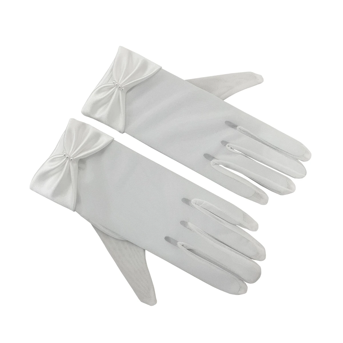 WG058 Wedding Bridal White Handmade Gloves Satin-Pearl Bow Finger Wrist Short Gloves Women Prom Pageant  Handschuh