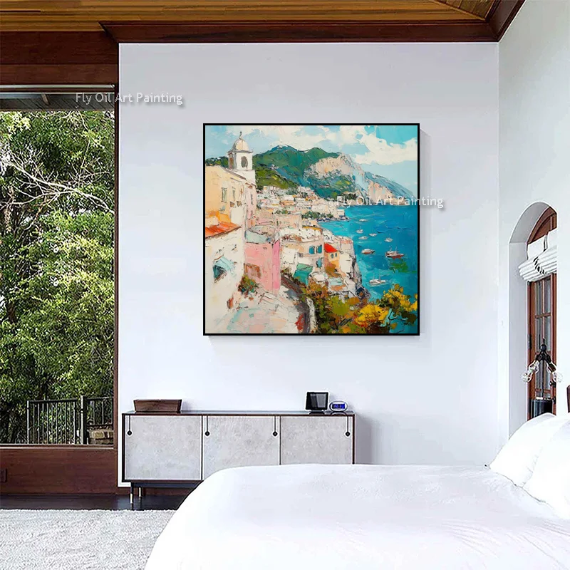 Hand Drawn Blue Seaside View Artwork Modern Countryside Scape Canvas Oil Painting New Oariginal Cityscape Wall Art Decor For Roo