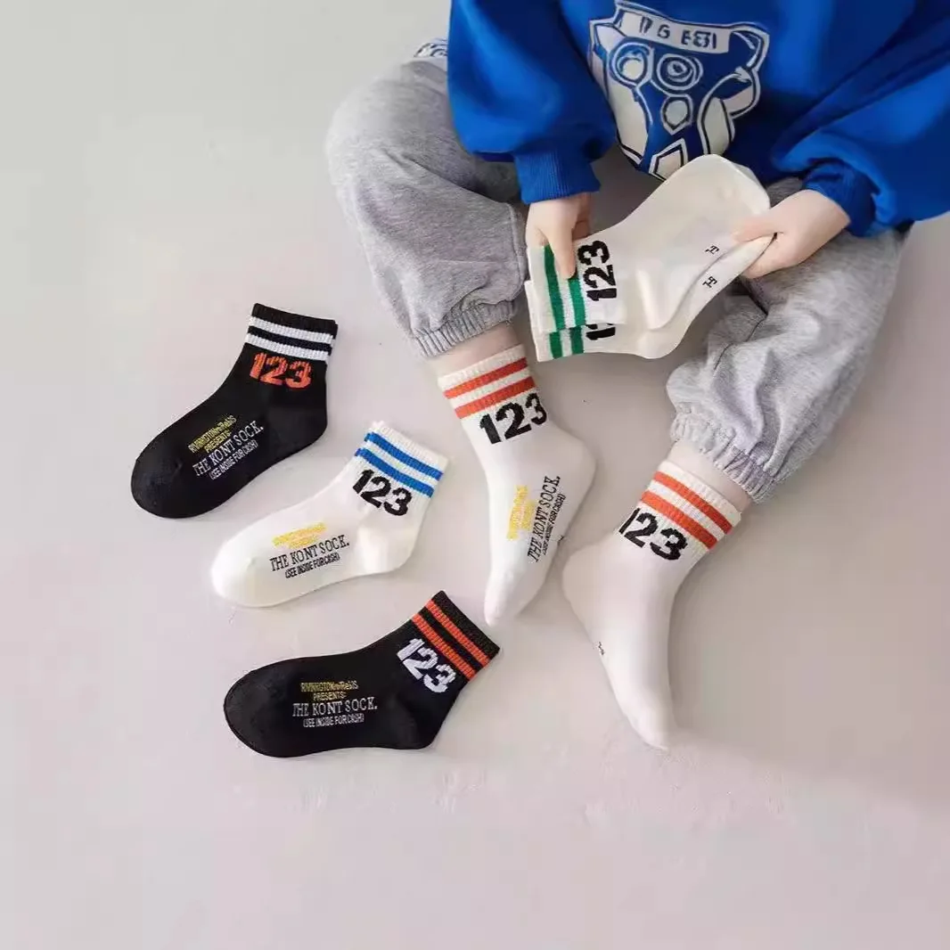 5Pack Fashion Boys 123 Number Socks  Striped Cuff Cotton Socks Breathable Comfortable Children Mid Socks