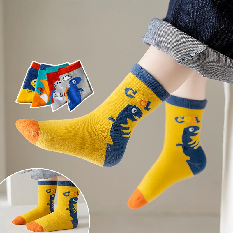 5Pairs Children\'s Socks Cute Cartoon Dinosaur Theme Baby Boy Mid Tube Cotton Soft Infant Spring Autumn Kids Student Floor Socks