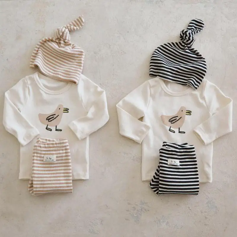 

2025 Autumn New Baby Long Sleeve Cartoon Tops + Striped Pants + Hat 3pcs Suit Boys Girls Cotton Home Clothes Set Infant Outfits