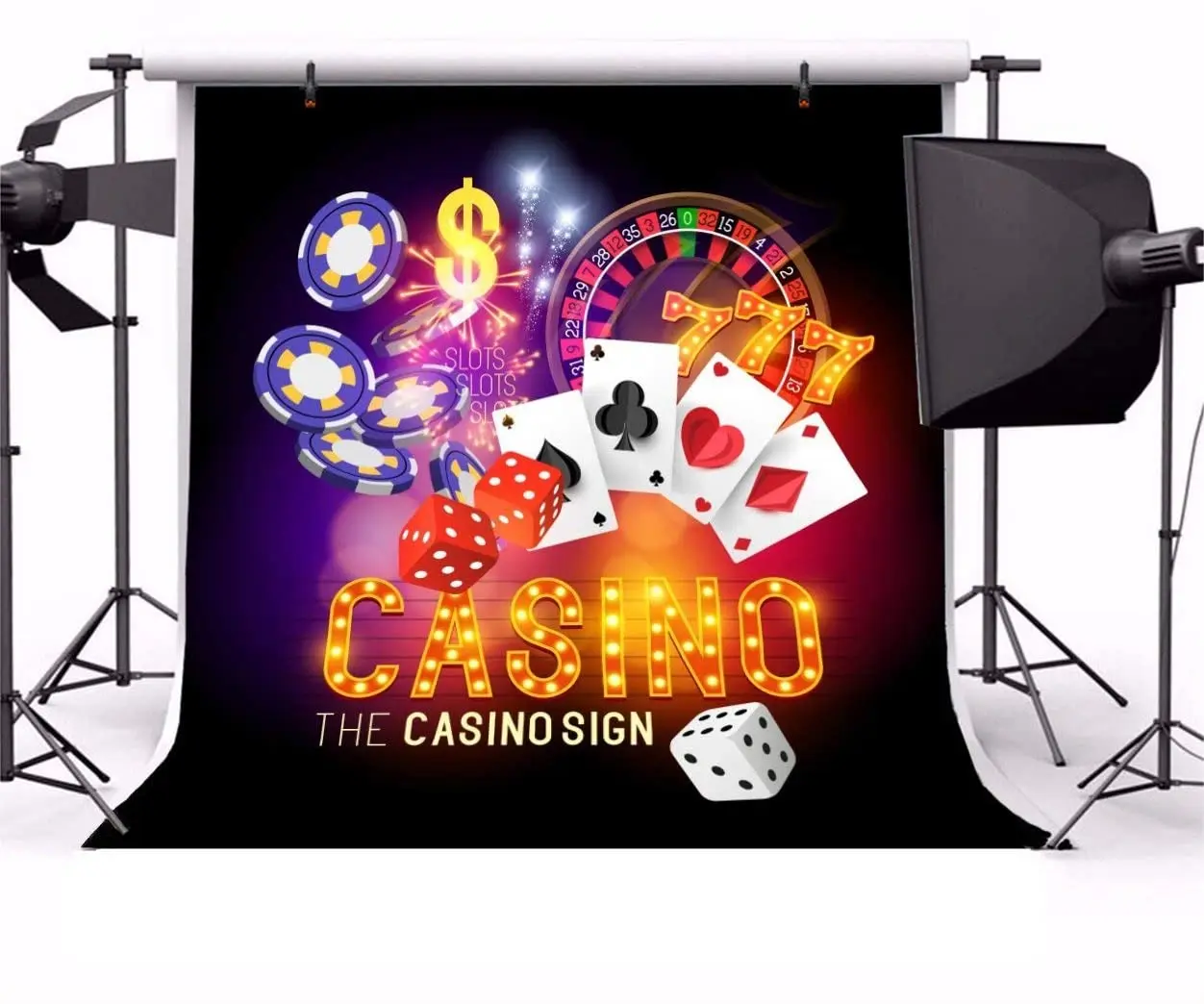 Photography Backdrop Casino Sign Las Vegas Dice Gambling House Bargaining Chips Background Luck Table Card Game Portrait Shoot