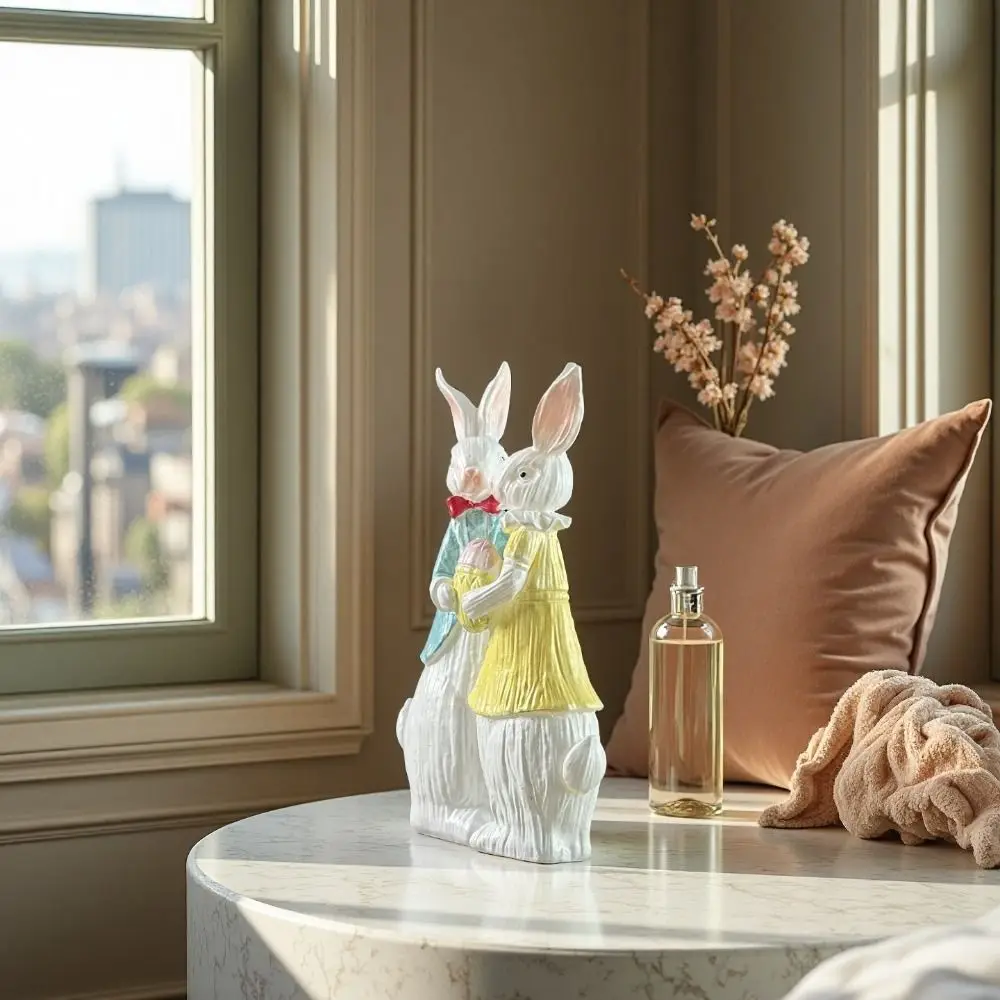

Easter Decor Easter Bunny Decorations Wood Grain Resin Simulation Design Rabbit Figurines Romantic Style Bunny Couple Statue