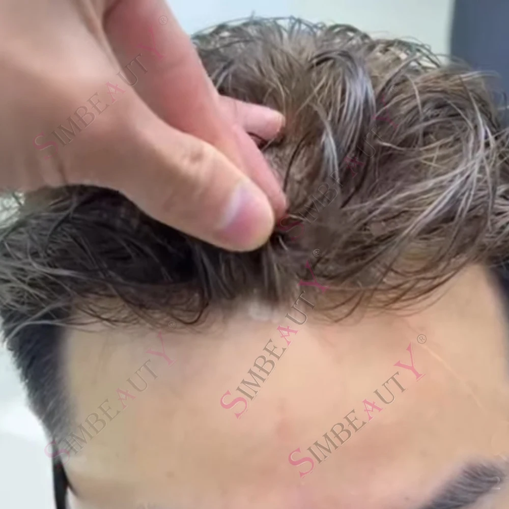 

Супертонкий парик из натуральных волос 0,03 мм, 80% плотность, с естественной линией роста волос, незаметный # 17 240 # Мужской парик-система замещения волос коричнево-серого цвета