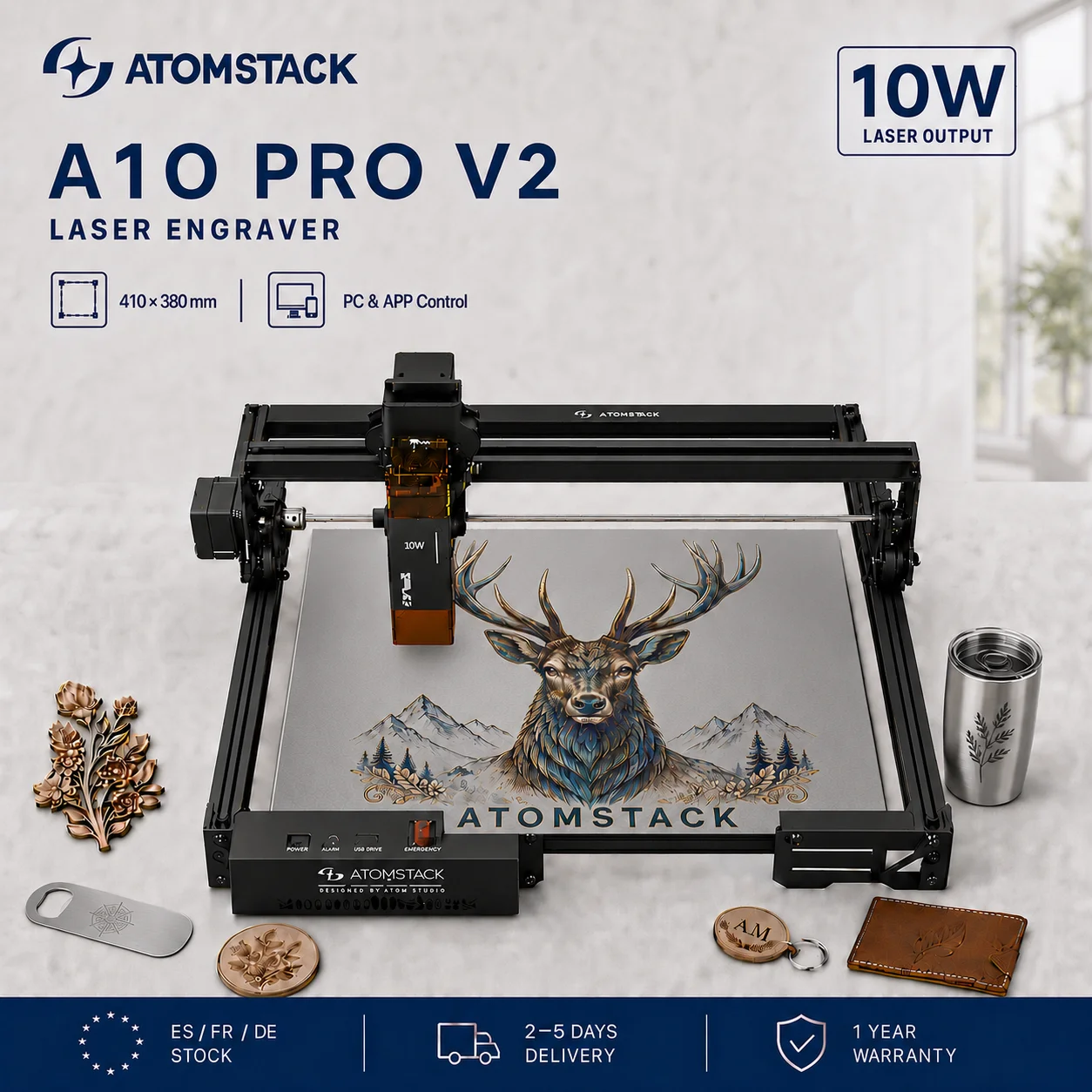 ATOMSTACK A10 PRO V2, máquina de grabado y corte láser de 10 W, área de trabajo de 410 x 380 mm, precisión de 0,01 mm, máquina CNC con conexión USB para madera, acrílico, cuero, proyectos de bricolaje y manualidades en casa.