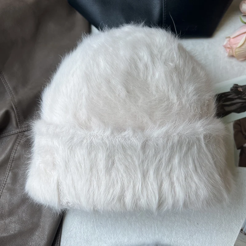 2023 neue Mode Kaninchen Fell Y2k Mützen für Frauen Weiche Warme Flauschigen Angola Winter Hut Weibliche Winddicht Motorhaube Hut Skullies Kappe – Detail 33