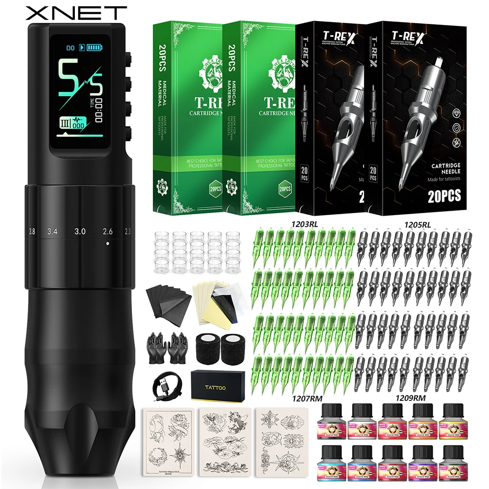 

XNET Nebula Wireless Tattoo Machine Full Kit 80pcs Tattoo Cartridges RL/RM 1600mAh Battery 10 Inks For beginners for Tattoo Art