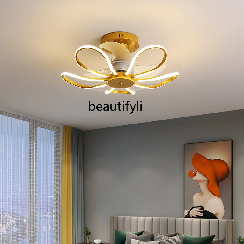 yj Bedroom Fan Lamp Dining Room/Living Room Intelligent Frequency Conversion Belt Electric Fan Lamp Fan Lamp