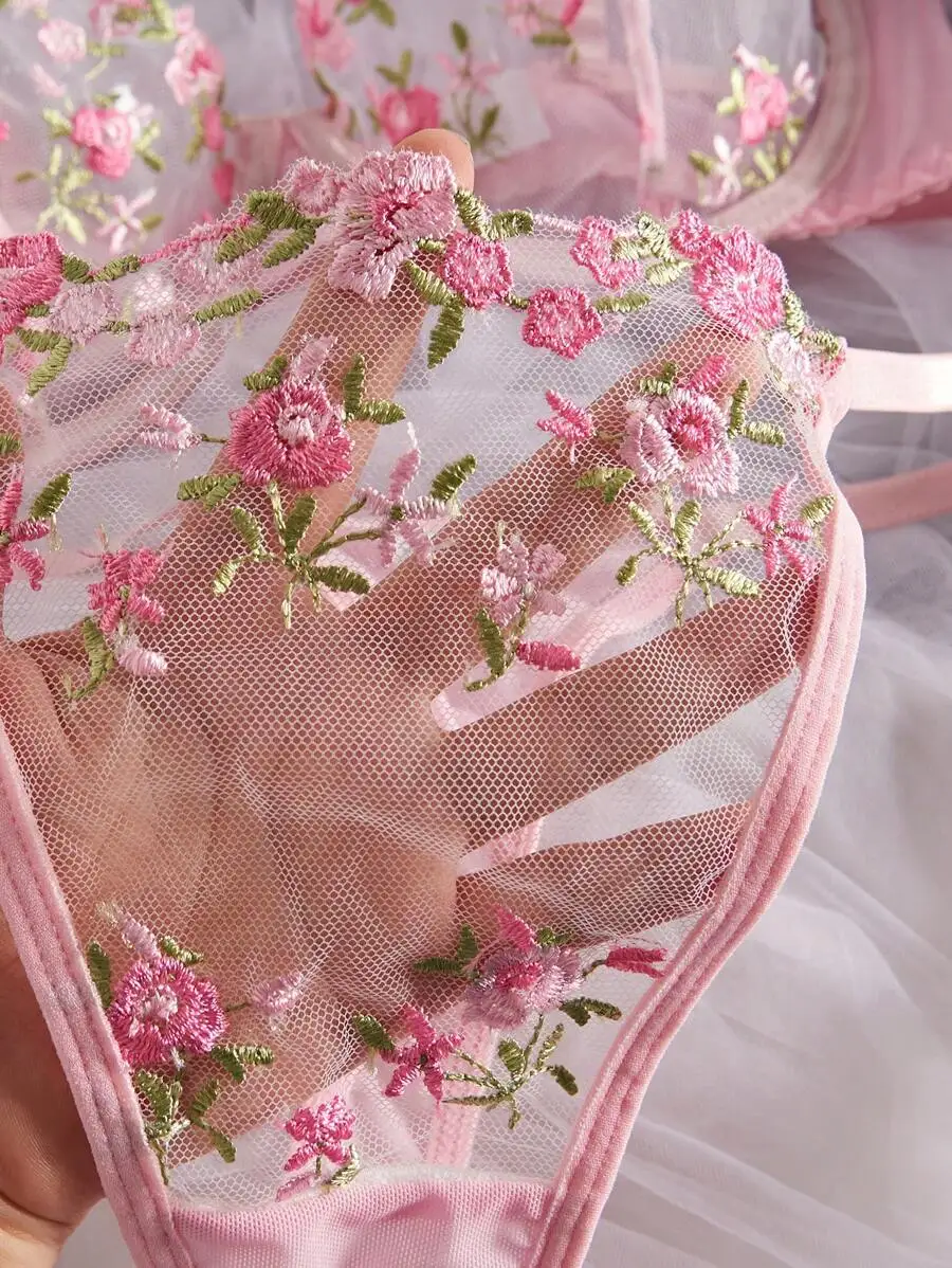 

Delicate Pink Floral Embroidery On Sheer Mesh Bra And Thong Lingerie Set For Women