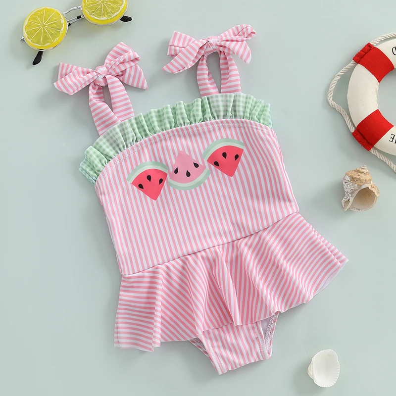 Tregren Balita Gadis Baju Renang Lucu Semangka Cetak Baju Renang Bayi Bayi Musim Panas Tanpa Lengan Dasi Bahu Ruffle Pakaian Renang