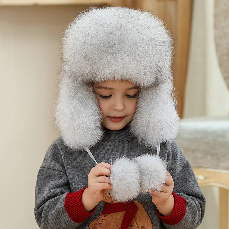 Children\'s Winter Hat For Girl Baby Hat Natural Fur Hat Soft Outdoor Windproof Hat Kids Hat With Earflaps Russian Fox Fur Hat