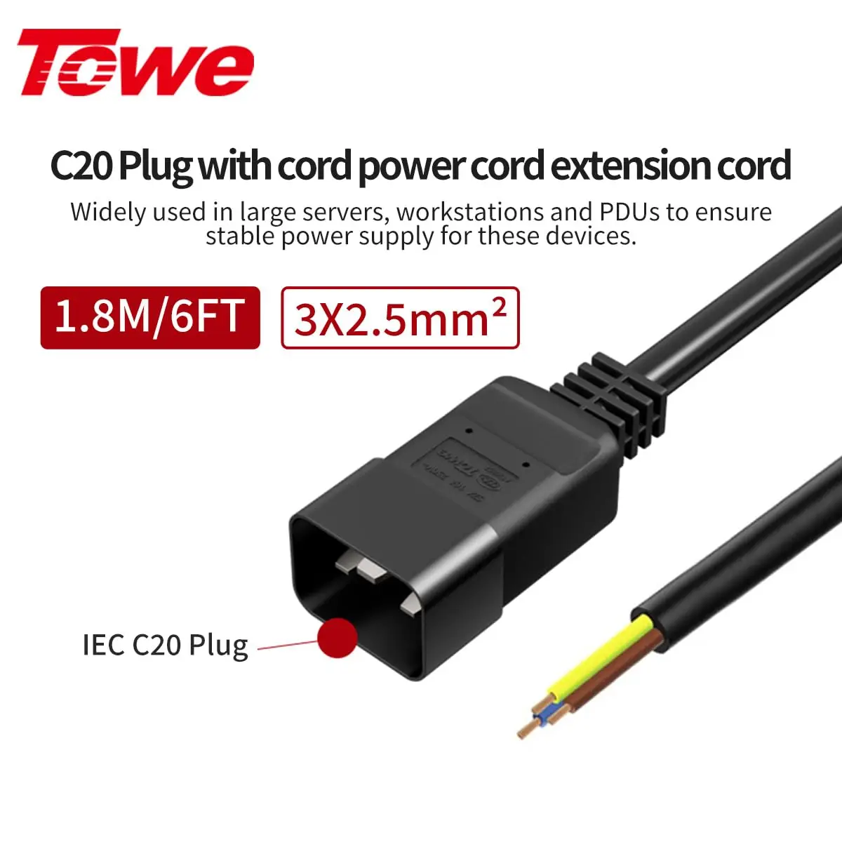 TOWE IEC C14 Pigtail Power Cord 14AWG Heavy Duty 10A Cable with Open Wire End for PDU UPS Server Rack Industrial Equipment
