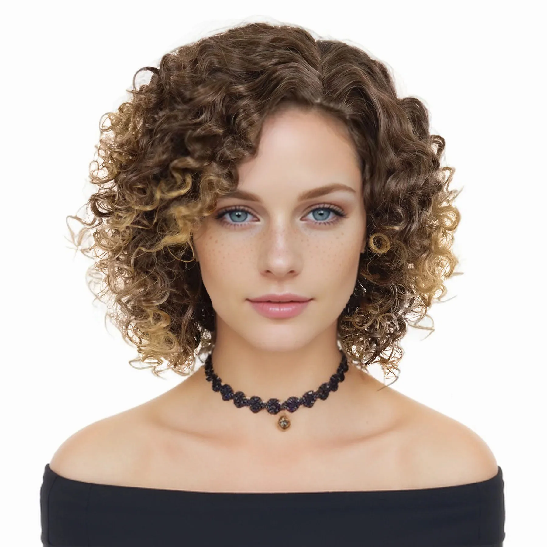

Brown Curly Wigs for Women Synthetic Fiber Afro Wig with Side Bangs Short Brown Wig Natural Hairstyles Black Women Ladies Colly