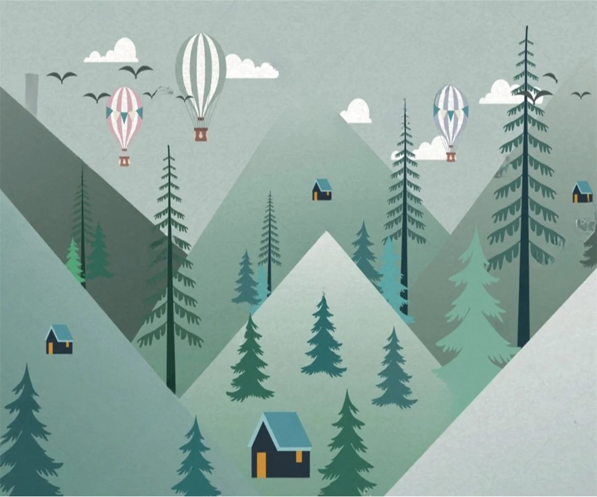 

Обои по индивидуальному заказу, скандинавский лес, красочные долине, мультяшные облака, лес, горный пик, фон для детской комнаты, настенные обои