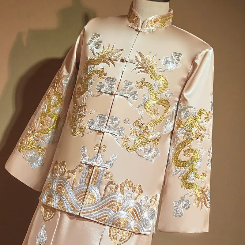 

A new champagne-colored men's groom's dragon and phoenix Zhongshan magua