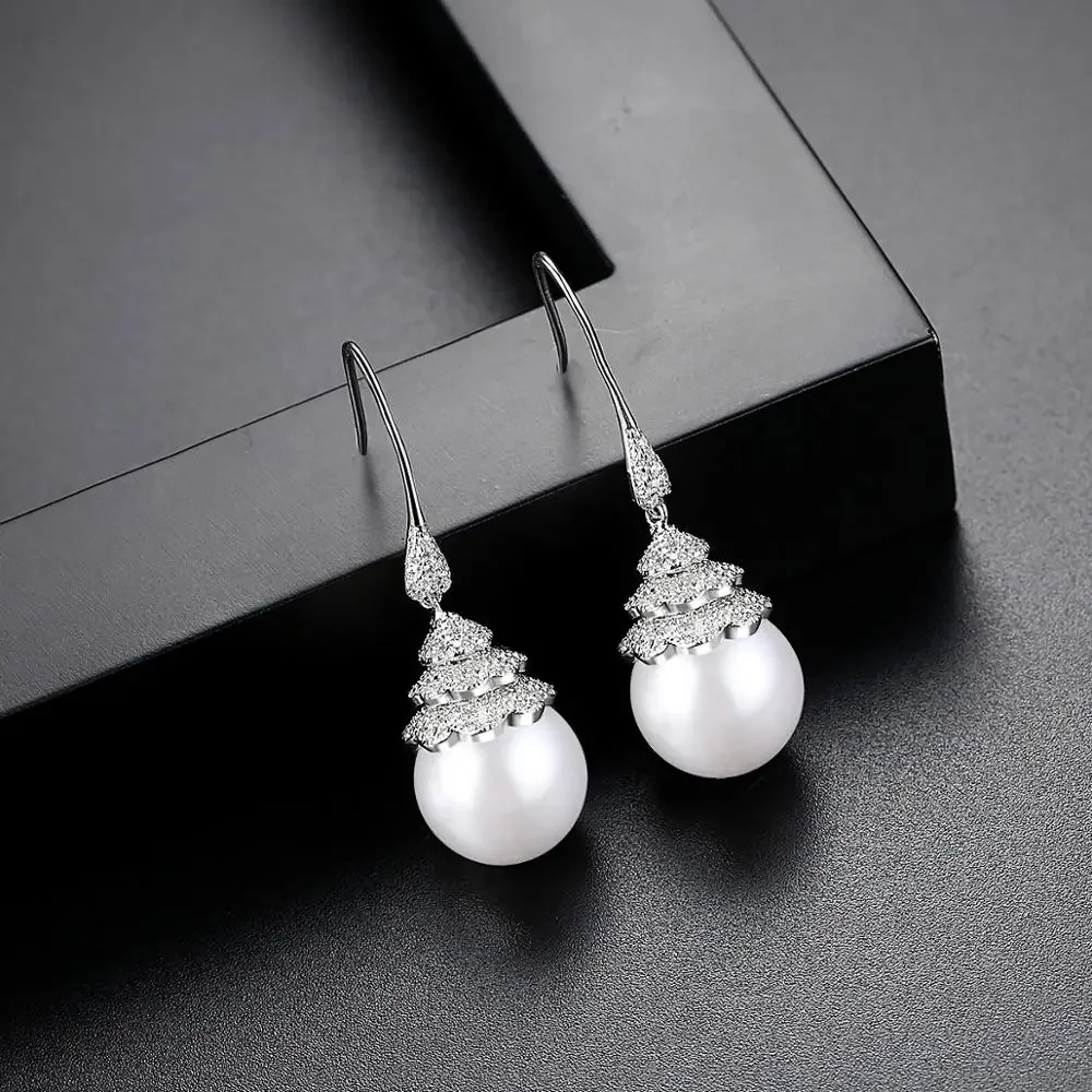 FXLRY New Design Elegant White Color AAA Cubic Zircon  Pearl Earrings For Bride Wedding Dinner Fashion Jewelry