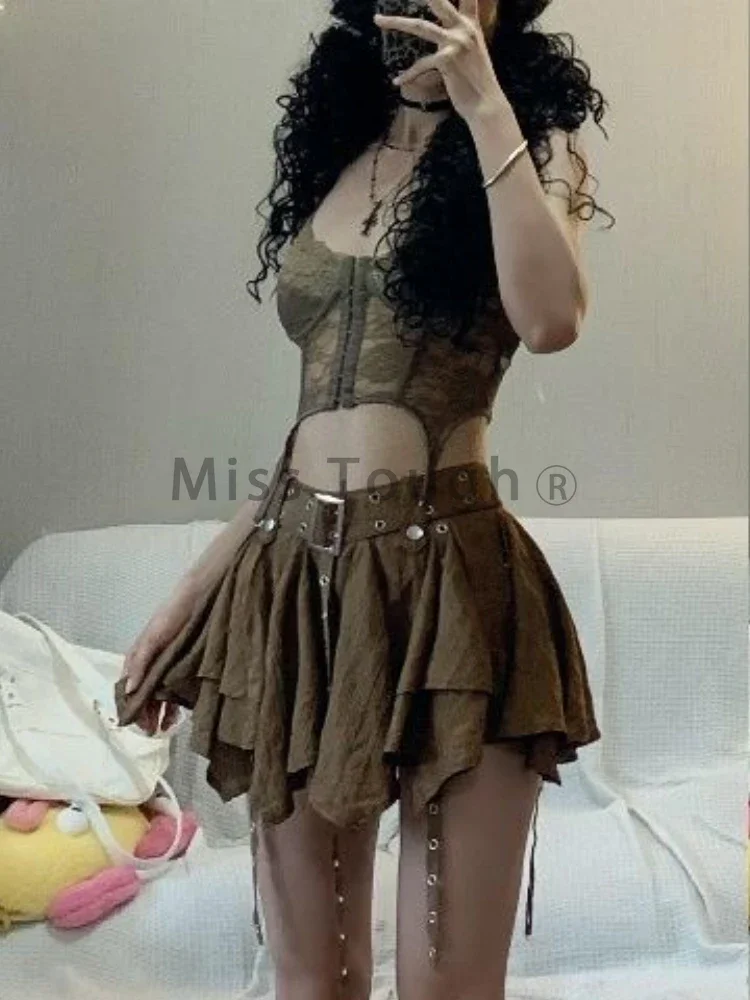 Grunge Y2k Vintage 3 Piece Set Woman Short Cardigan + Lace Vest + Asymmetrical Skirt Hot Girls 2000s Korean Fashion Sexy Suits