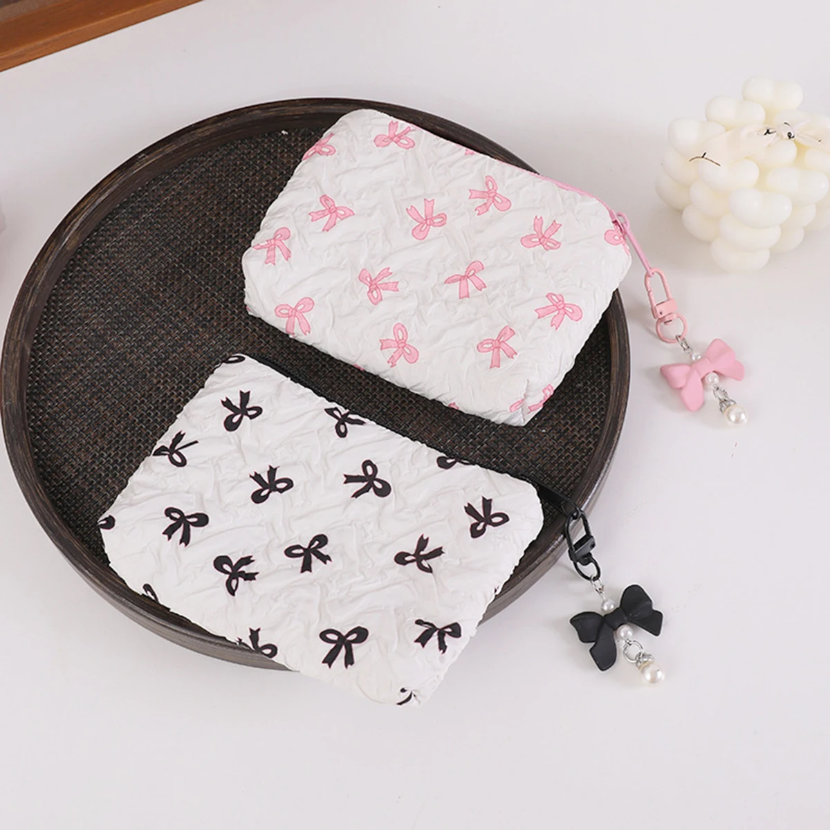 Pleated Bow Cosmetic Bag | Cotton Makeup Bag for Women Quilted Travel Girls' Make Up Organizer Portable Little Bow Makeup Pouch - view 4
