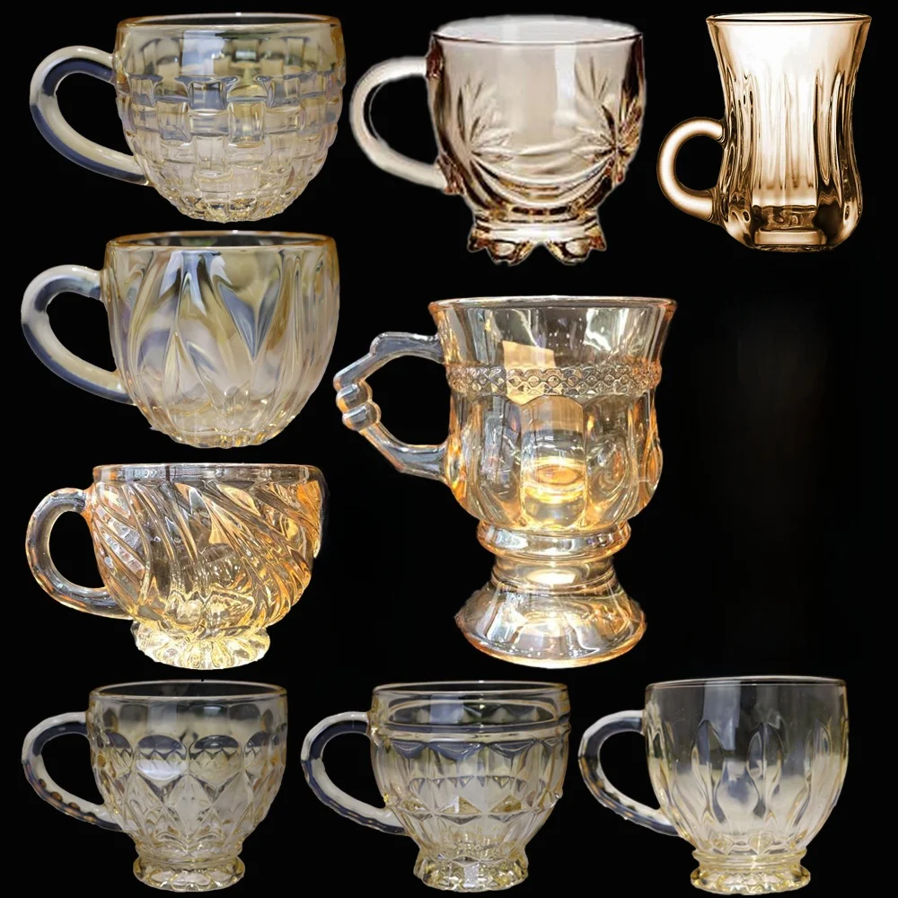 

Amber Colored Emed Glass Cup with Handle Set of 6 Vintage Sle Coffee Milk Tea Cups for Home Use Clear round ape
