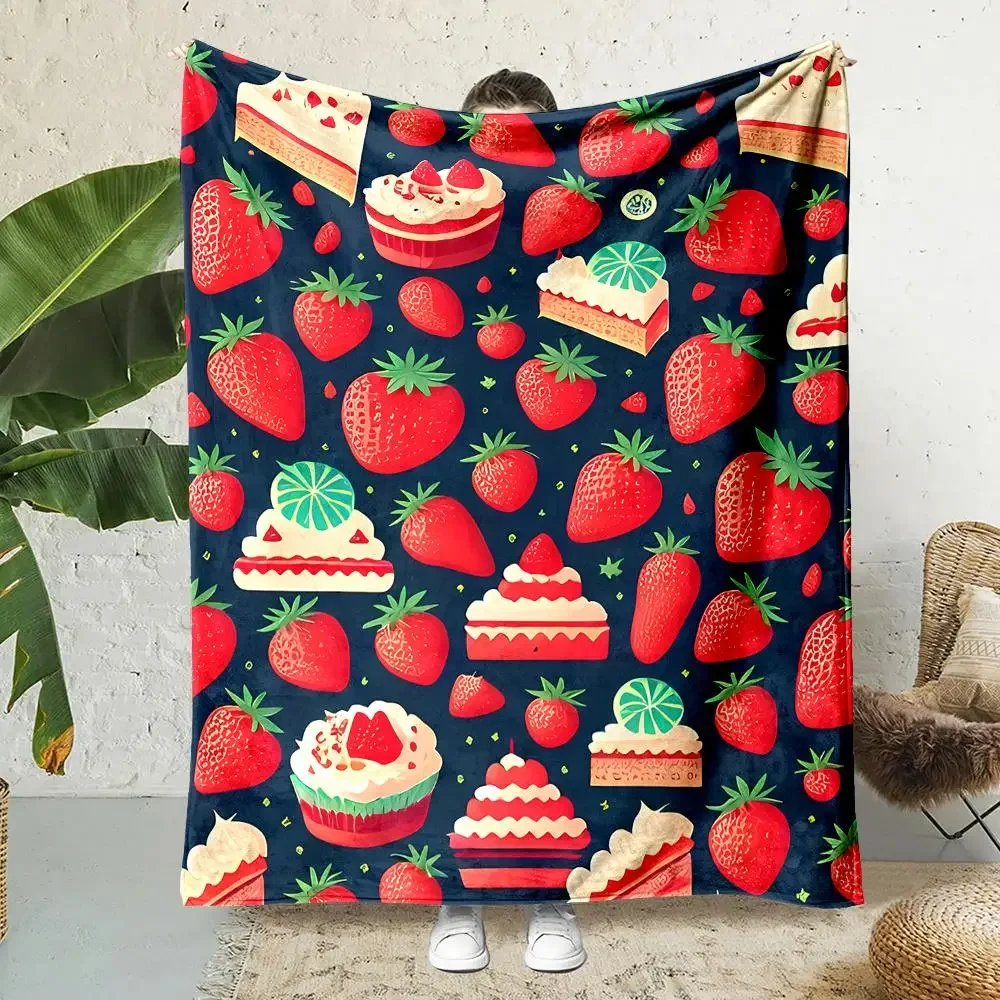Strawberry and cake pattern Flannel printed blanket suitable for all seasons suitable for living room office sofa and travel