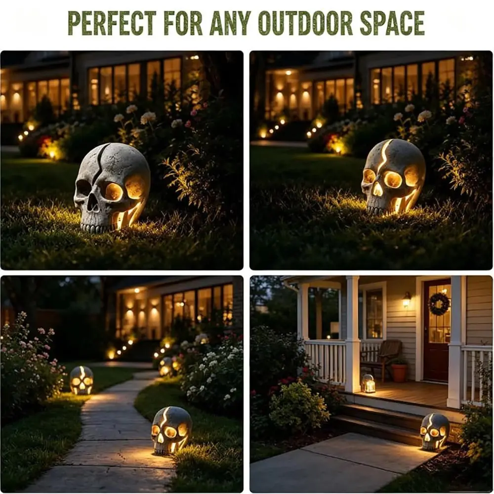Waterproof Solar Garden Lamp Realistic Skull Shape Fine Texture Details Outdoor Yard Decor Solid Resin Warm Glow