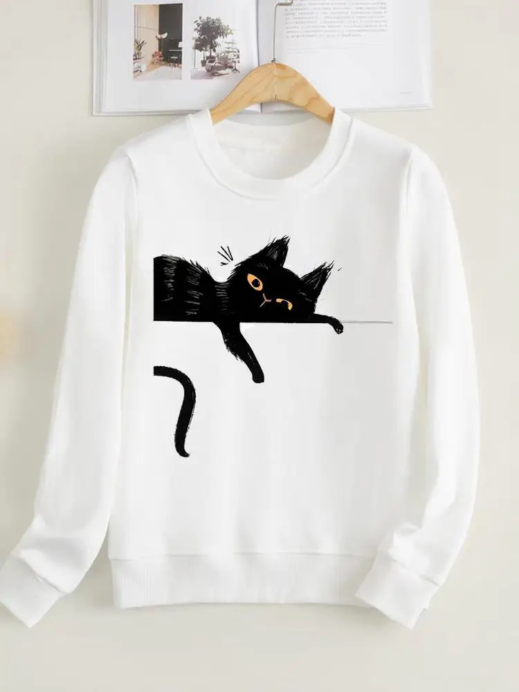 

Cat Cartoon Style Lovely 90s Fashion Pullovers Print Long Sleeve Clothes Clothing Women Fleece Female Graphic Sweatshirts