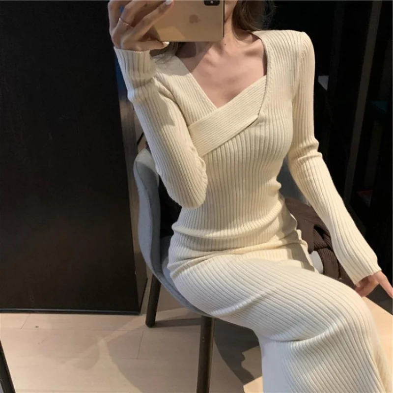 

Irregular Long Sleeve Knitted Women's Spring New Temperament Waist-Controlled Mid-Length Slim Fit Dress