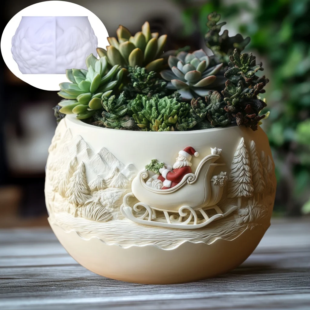 Cedar Sled Santa Claus Relief Candle Cup Gypsum Silicone Mold Santa Claus Succulent Plant Flower Pot Resin Molds Christmas Gift