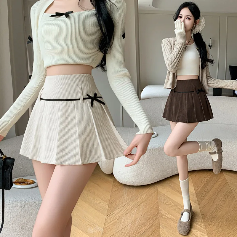 American Retro Spicy Bow Corduroy Pleated Skirt Woman Autumn Winter College Style Sweet Mini Skirts Female