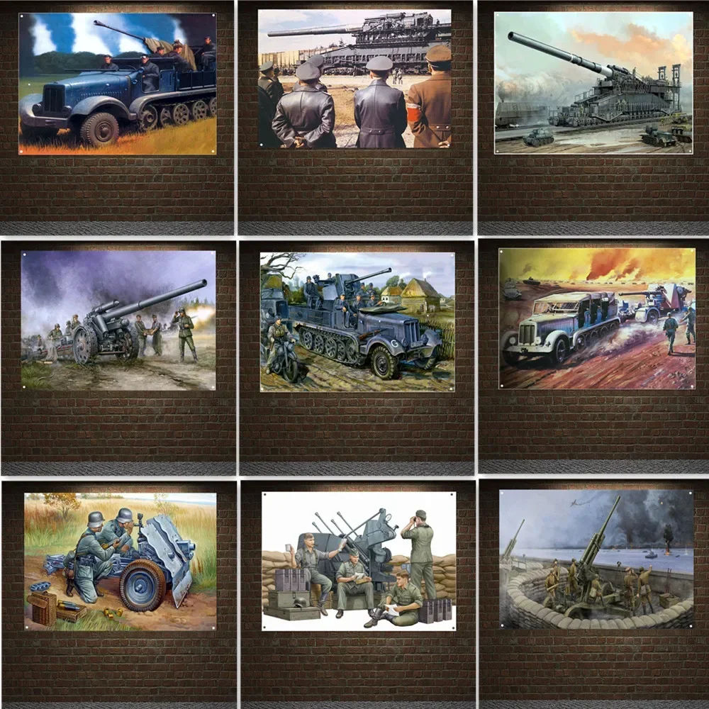 Largest-caliber Rifled Cannons Weapon Poster Wall Hanging Flag Mural WW II GER Heavy Gustav Artillery Banner Wall Decor Painting