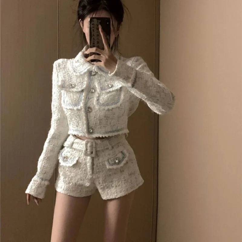 Bonito outono elegante shorts 2 peça conjunto feminino outwear casual colheita topos casaco + senhora do escritório y2k shorts feminino moda coreana terno