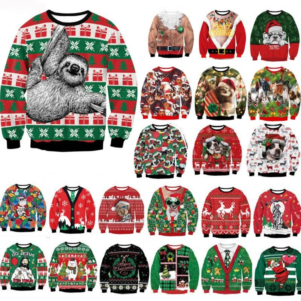 

Men Women Autumn Winter Ugly Christmas Sweatshirt Holiday Party Jumper Tops 3D Christmas Tree Gift Sloth Printed Xmas Sweatshirt