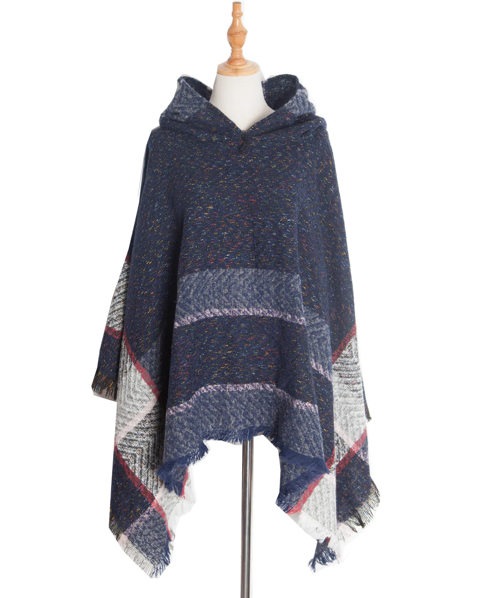 New Autumn Winter Fishbone Pattern Women\'s Hooded Cape Pullover Cape Women Poncho Lady Capes Gray Cloaks