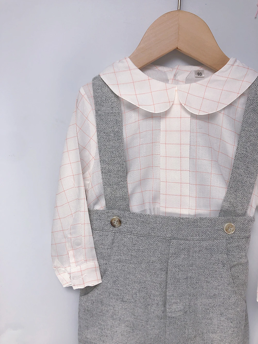 Boy Grey Wool Strap Trousers Set Cotton White Plaid Shirt Long Sleeves Winter British Birthday Eid Clothes Children Boutique