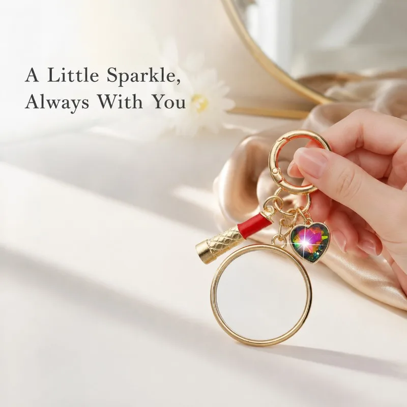 Portable Keychain Colorful Heart Rhinestone Charm Lipstick Pendant Compact Makeup Key Ring for Women Bag Purse Daily Decor