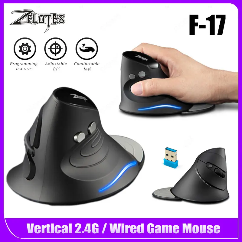 ZELOTES F-17 Gaming Mouse Ergonomic Upright Optical Vertical Mouse Wrist Rest Wireless 6 Button Desktop PC Gamer Mouse