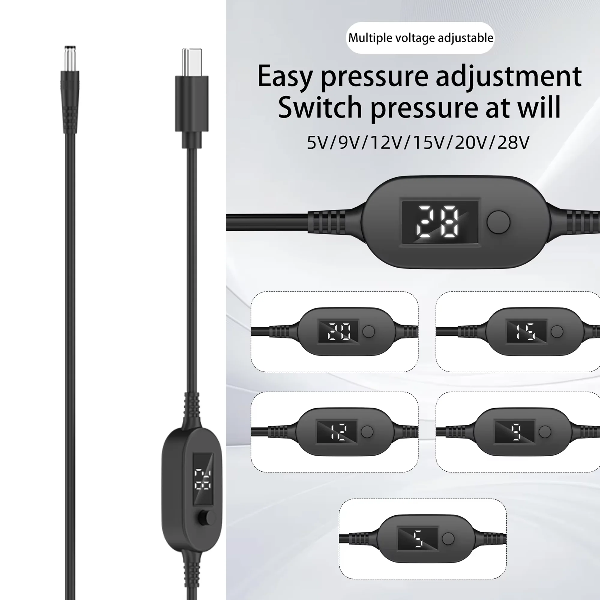 

USB C to DC 5525 Power Cable 140W Type C to 5V 9V 12V 15V 20V 28V Adjustable Voltage Adapter Connector Cord for Laptop Router