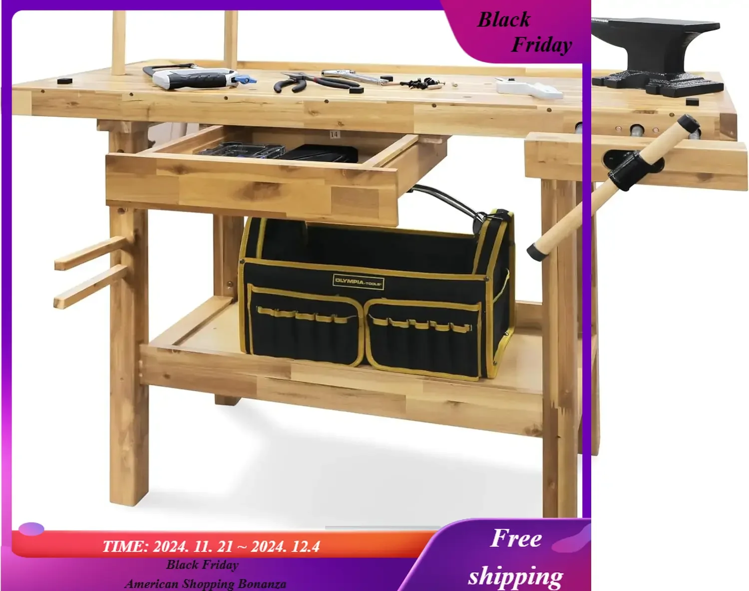 Acacia Hardwood Workbench with Drawer -  Weight Capacity Heavy Duty Portable Wood Work Bench Table