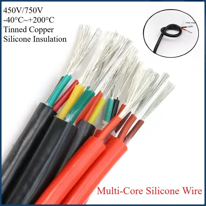 1M/5M Silicone Rubber Cables Sqr.0.3 0.5 0.75 1 1.5 2 2.5 4mm 2-4 Cores  High-Temp Copper Ideal for Automotive and Electronics