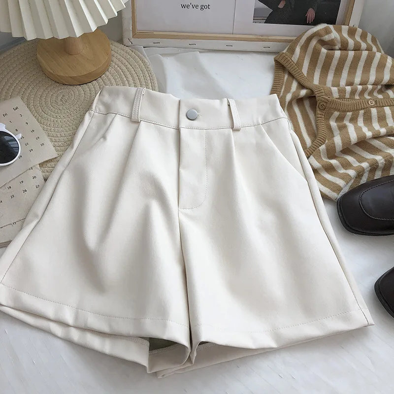 Black One button high waist solid color A-line wide-leg Shorts women autumn Korean wild thin casual PU leather shorts lady